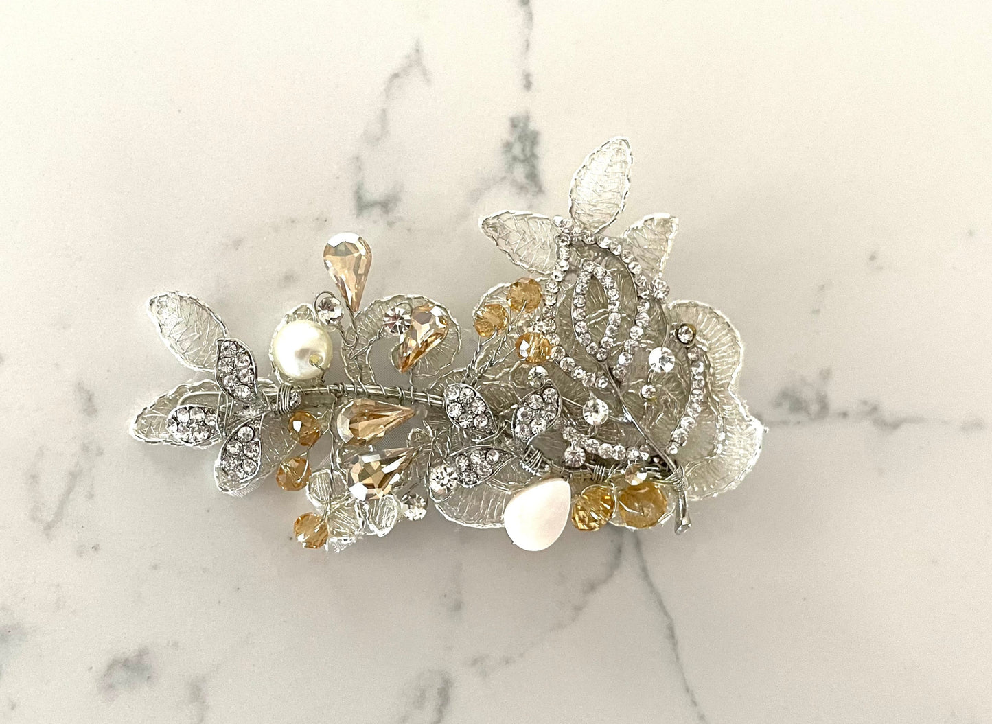 Amber Fields Golden Crystal & Pearl Bridal Hair Clip
