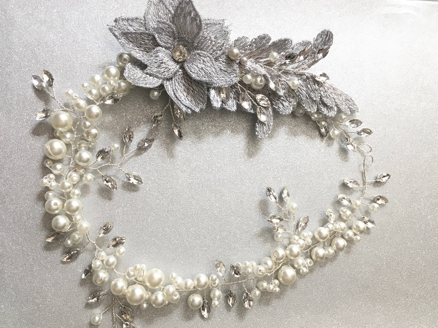 Sinclair Silver Floral Crystal and Pearl Hair Vine