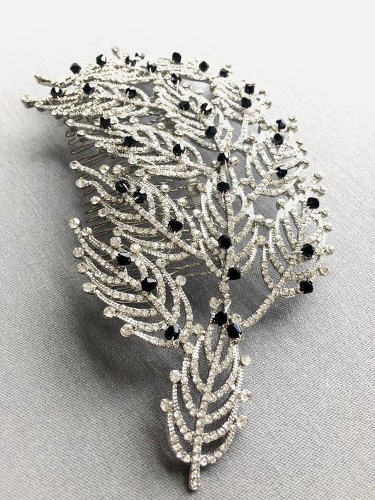 Art Deco Crystal Leaf Bridal Hair Comb with Black Crystal Accents