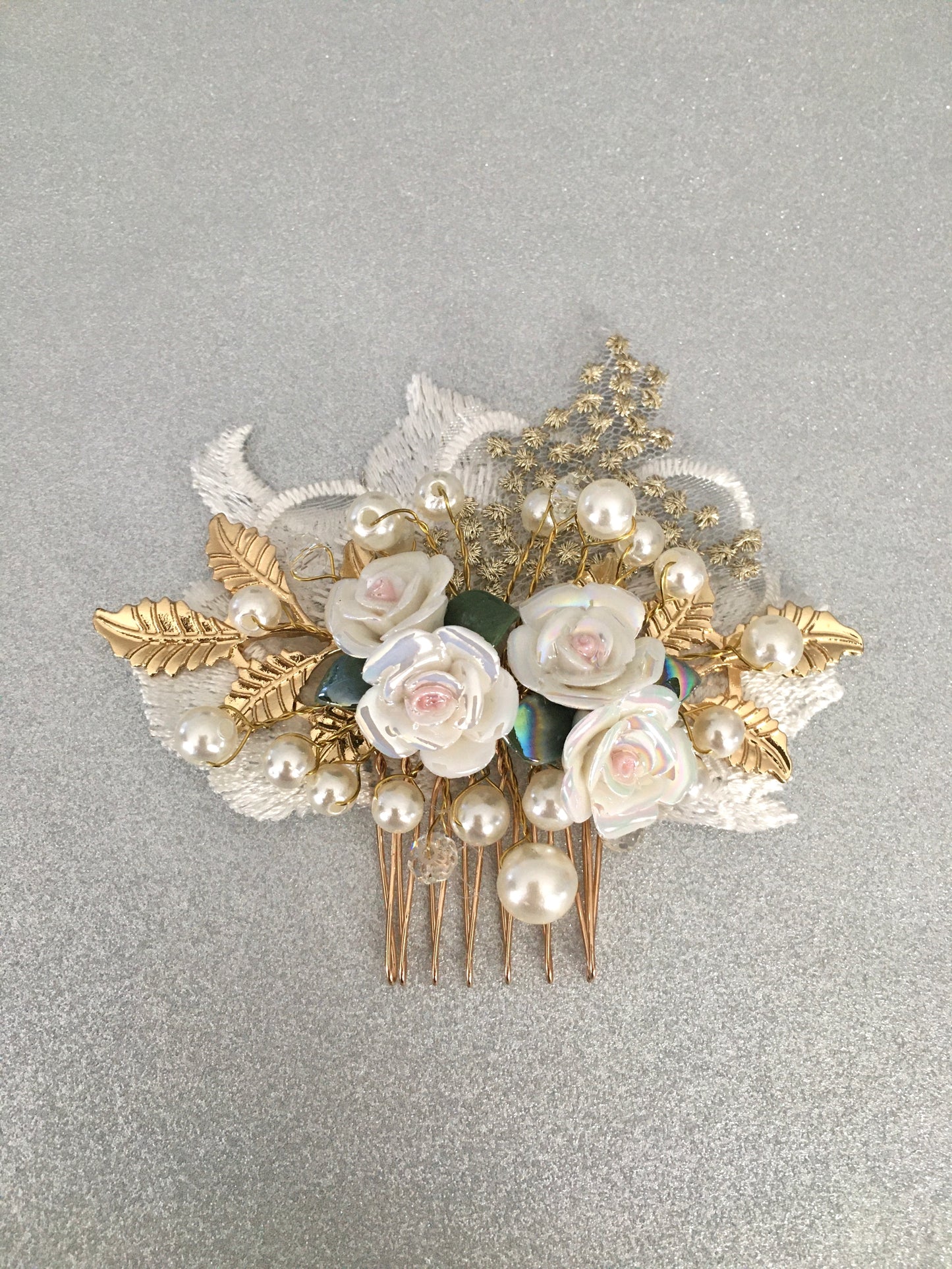 White Veil Golden Blush Floral Bridal Comb