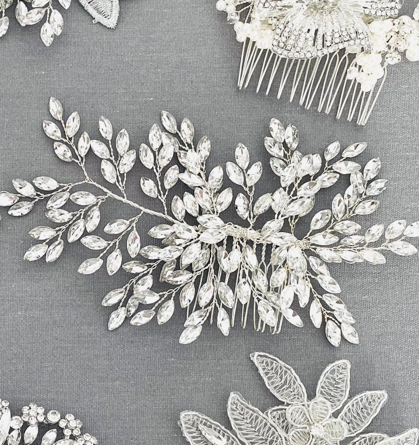 Glitzy Silver Crystal Leaf Bridal Hair Comb