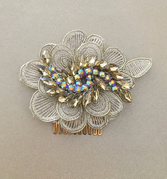 Champagne Swirl Crystal & Lace Bridal Hair Comb