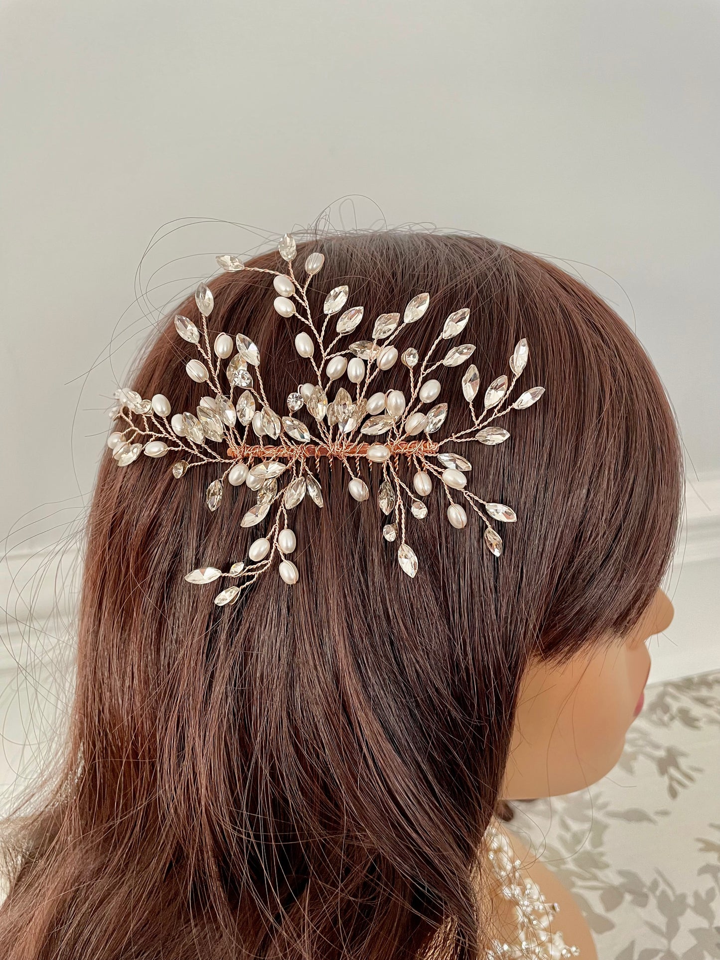 Glitz & Gold Rose Gold Pearl and Crystal Bridal Hair Comb