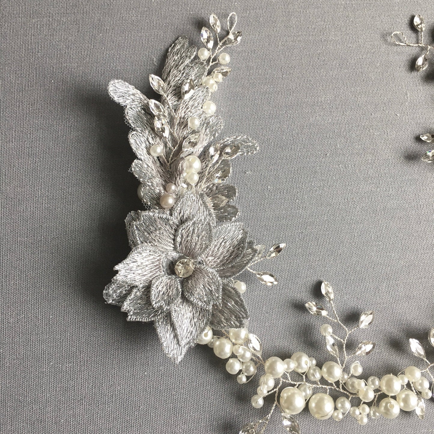 Sinclair Silver Floral Crystal and Pearl Hair Vine