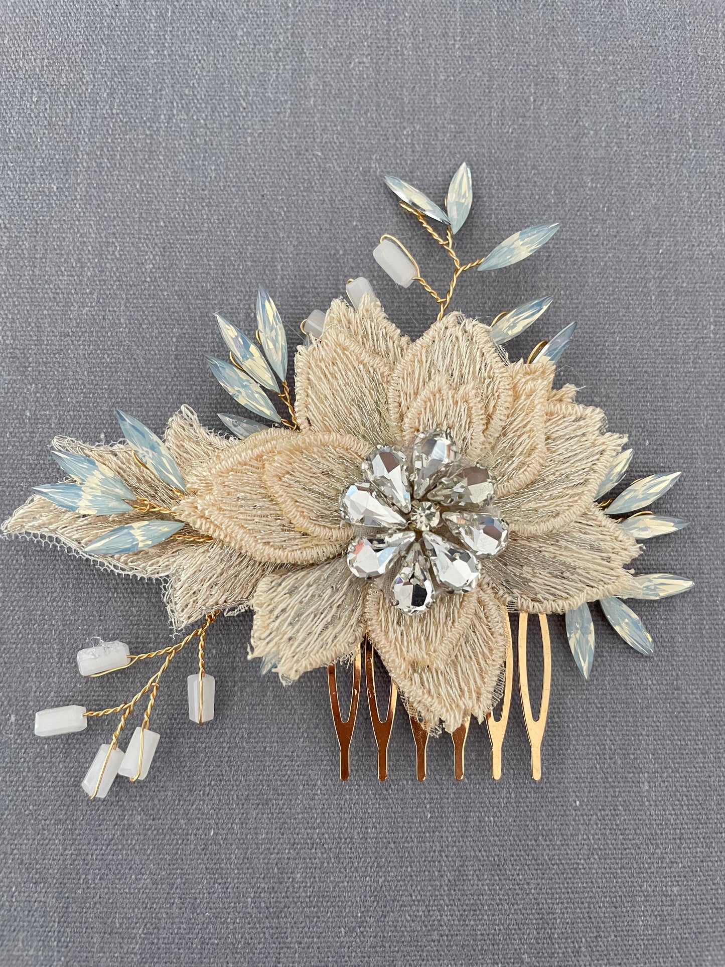 Adele Champaign Leaf and Opal Rhinestone Floral Comb