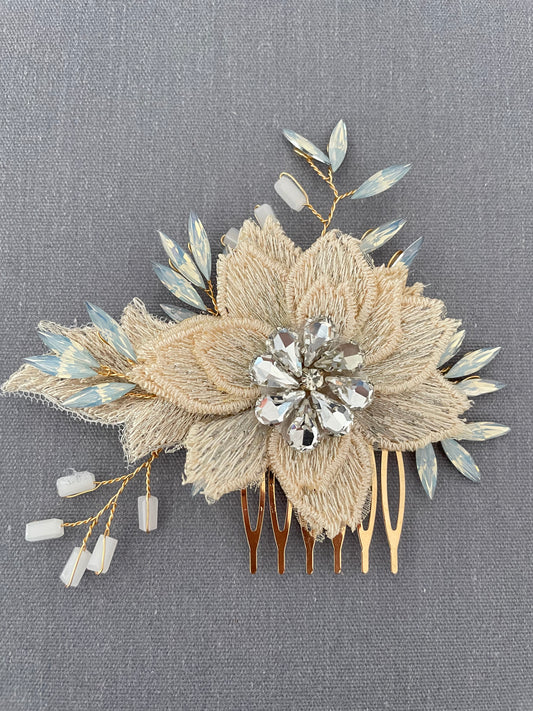 Adele Champaign Leaf and Opal Rhinestone Floral Comb