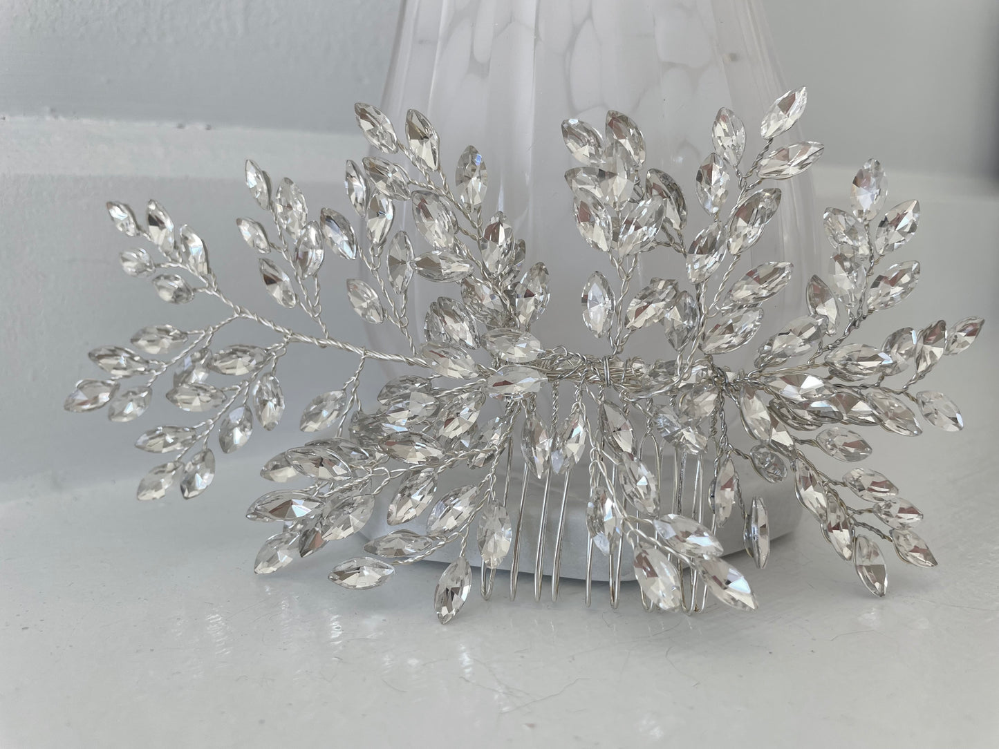 Glitzy Silver Crystal Leaf Bridal Hair Comb