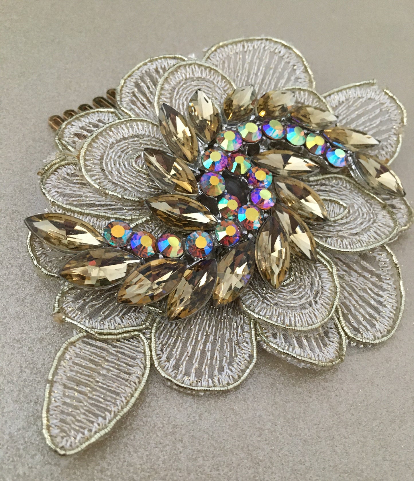 Champagne Swirl Crystal & Lace Bridal Hair Comb