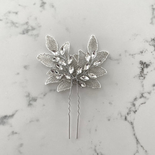 Silver Crystal Leaves Bridal Hair Pin