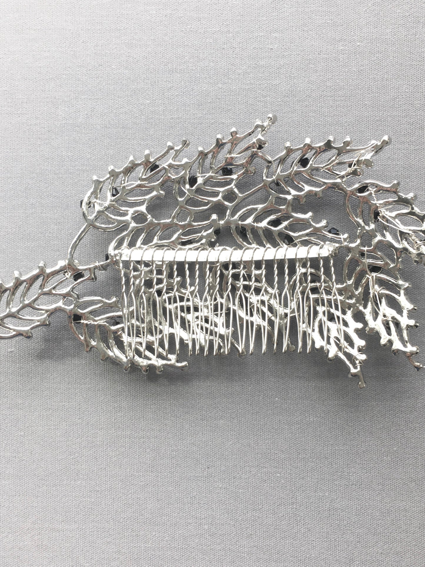 Art Deco Crystal Leaf Bridal Hair Comb with Black Crystal Accents