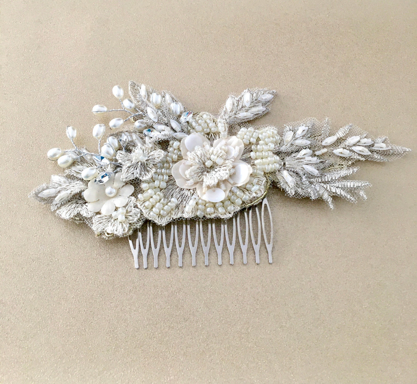 Florence Champagne Flower Appliqué and Pearls Bridal Hair Comb