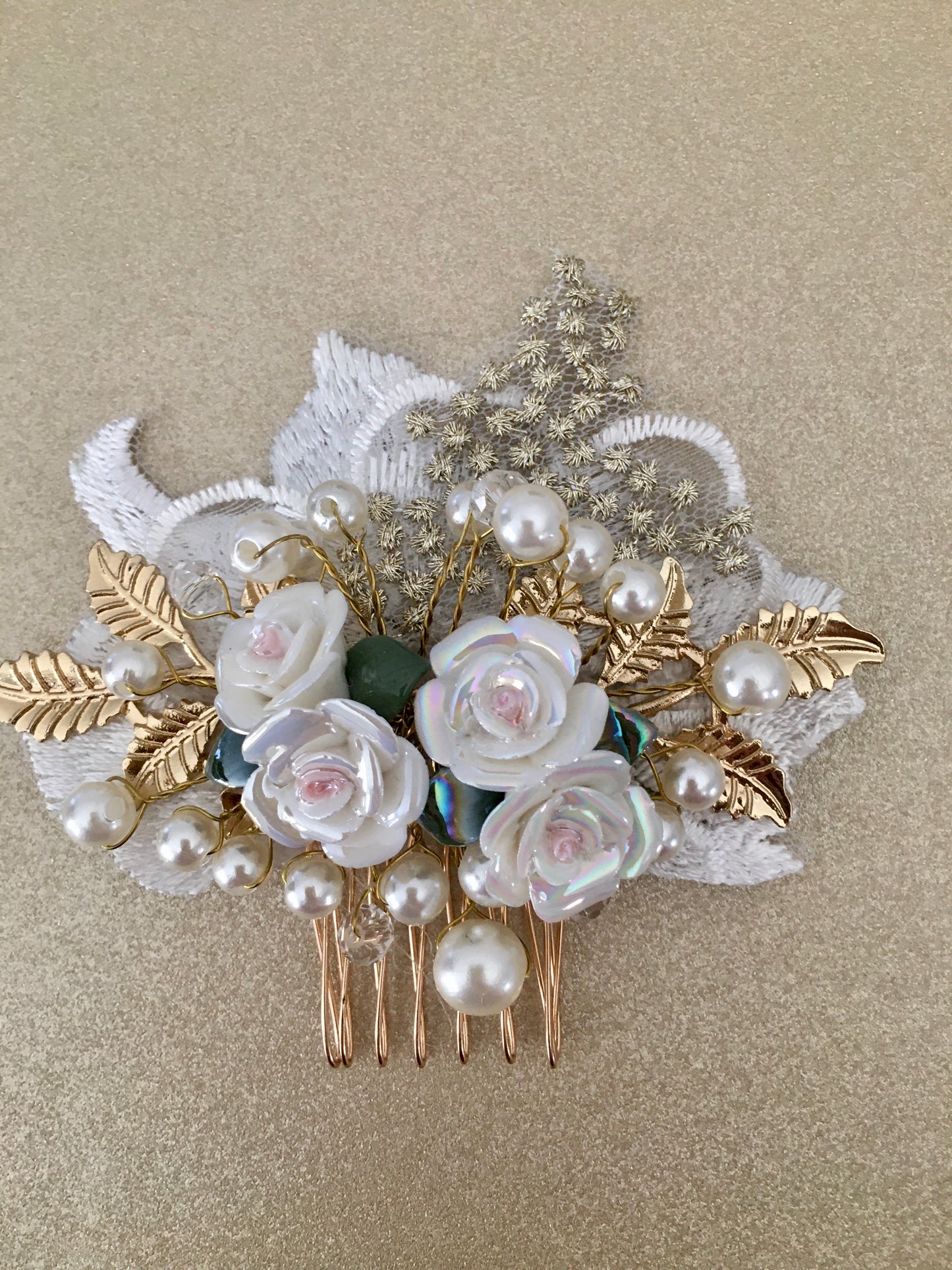 White Veil Golden Blush Floral Bridal Comb