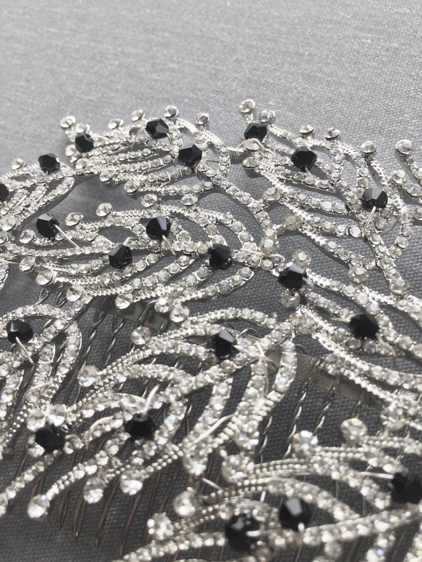 Art Deco Crystal Leaf Bridal Hair Comb with Black Crystal Accents