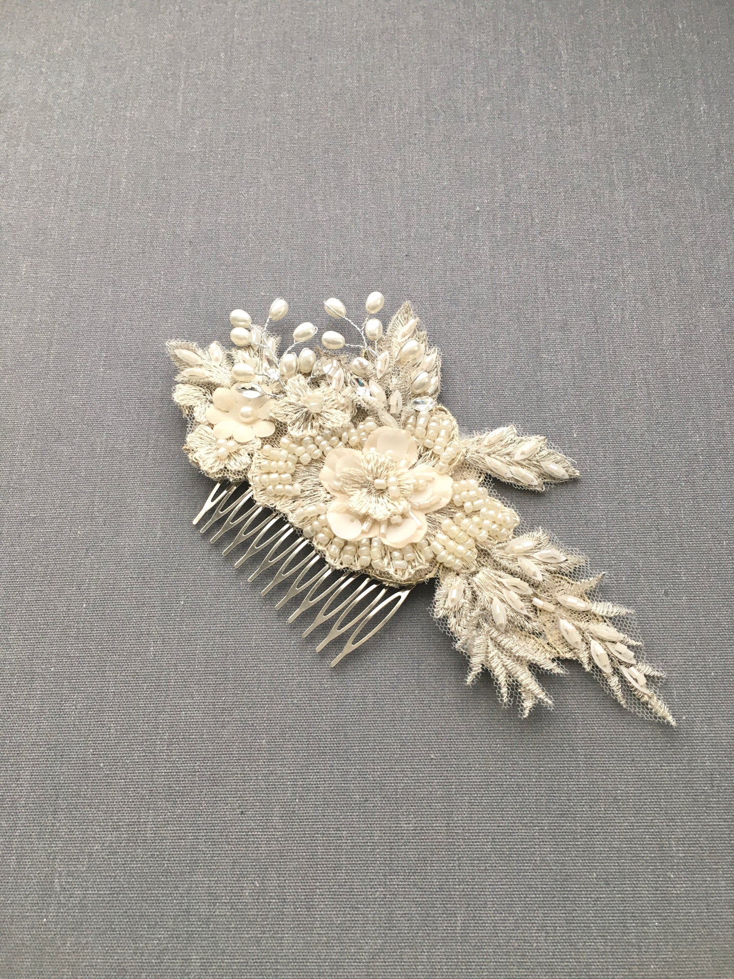 Florence Champagne Flower Appliqué and Pearls Bridal Hair Comb