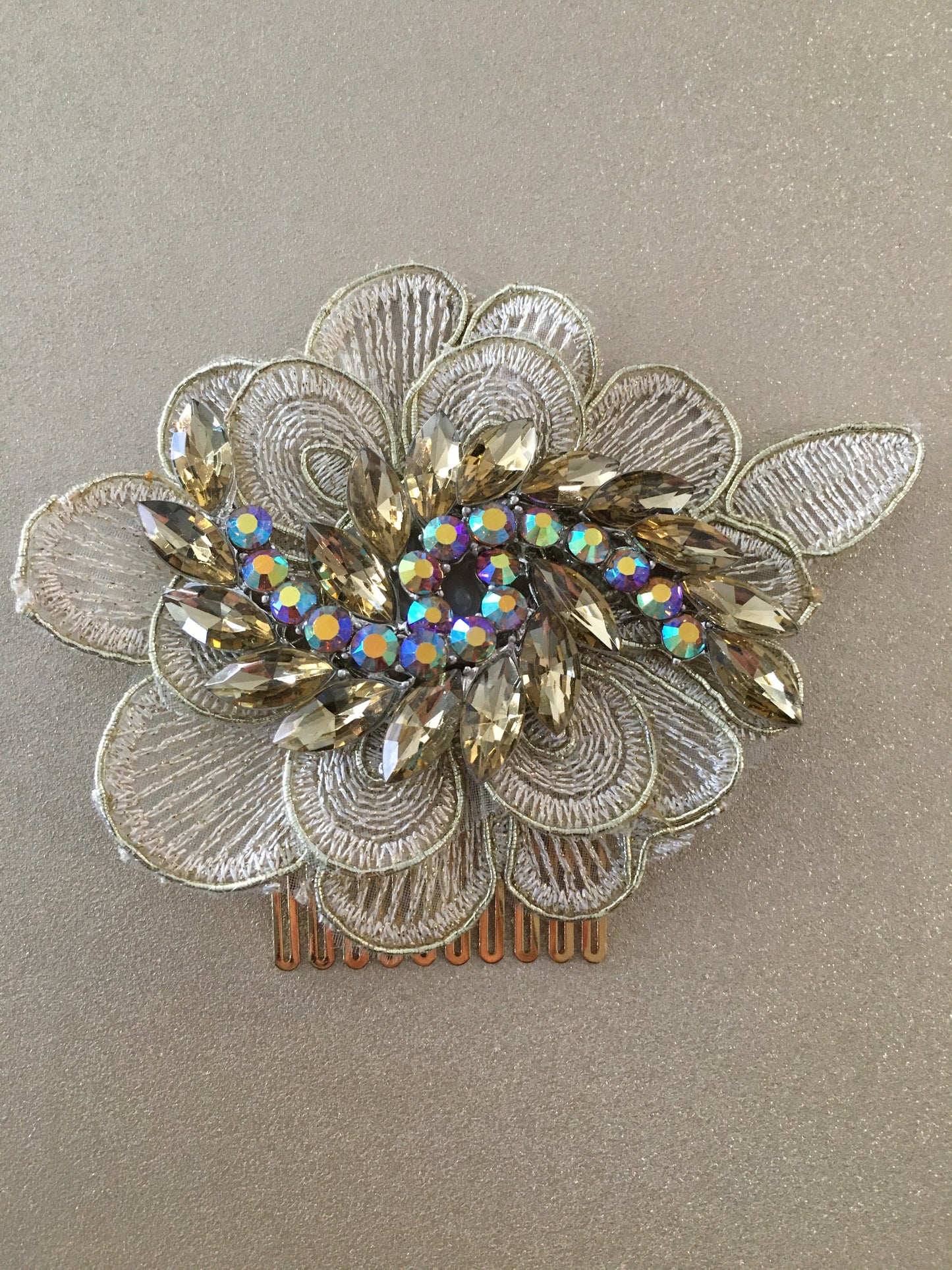 Champagne Swirl Crystal & Lace Bridal Hair Comb