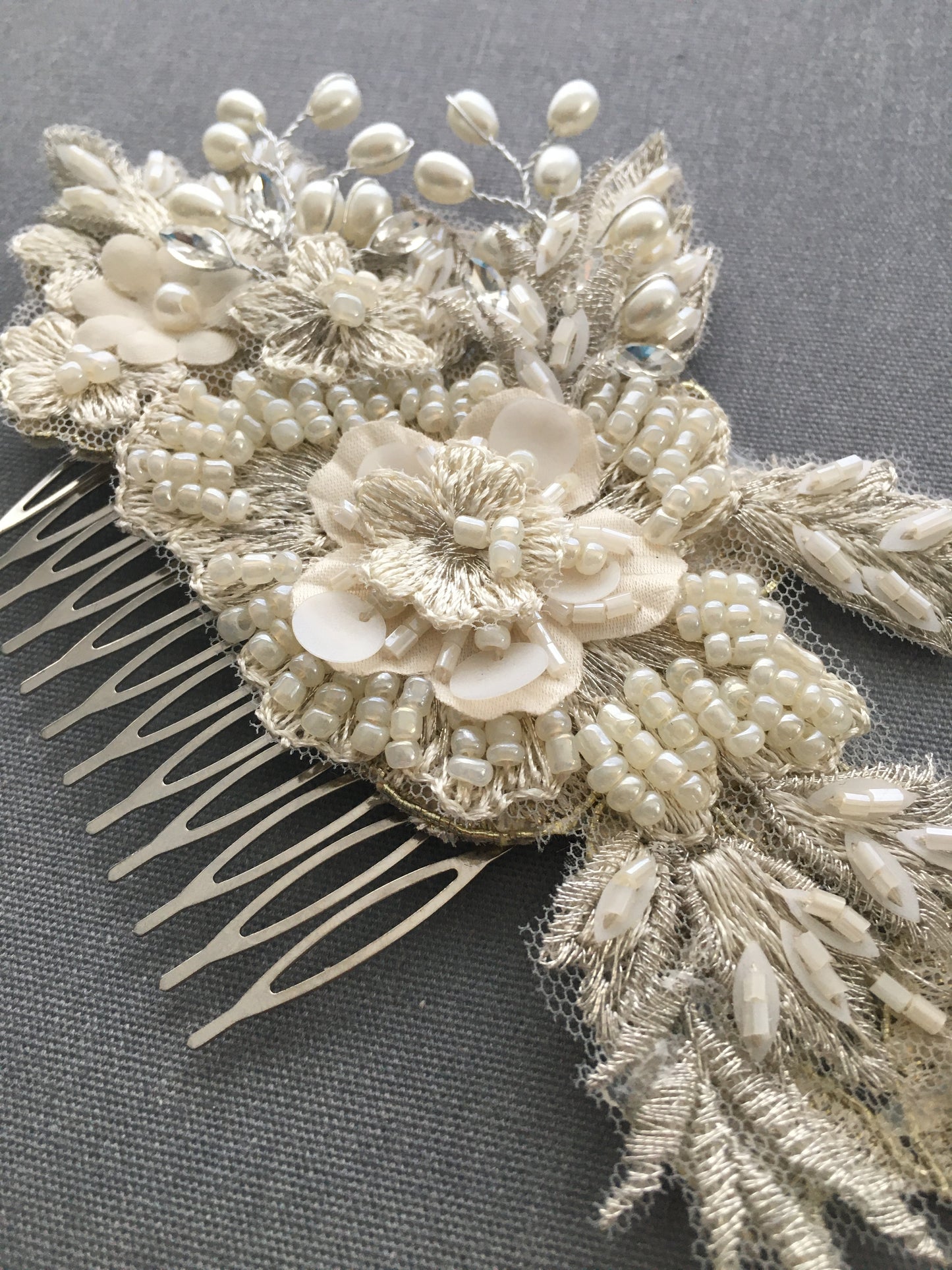 Florence Champagne Flower Appliqué and Pearls Bridal Hair Comb