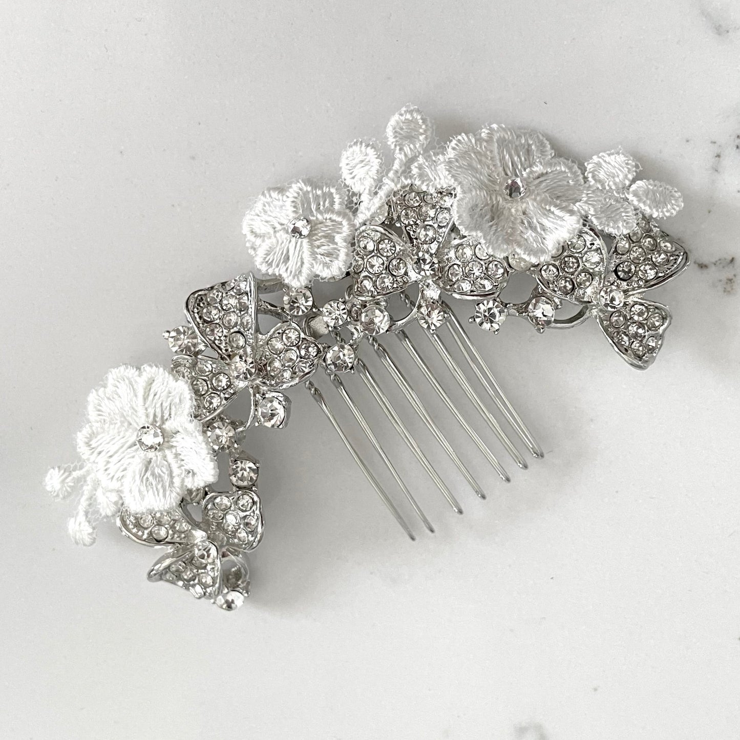 Flora Floral Crystal & Lace Bridal Hair Comb with Rhinestones