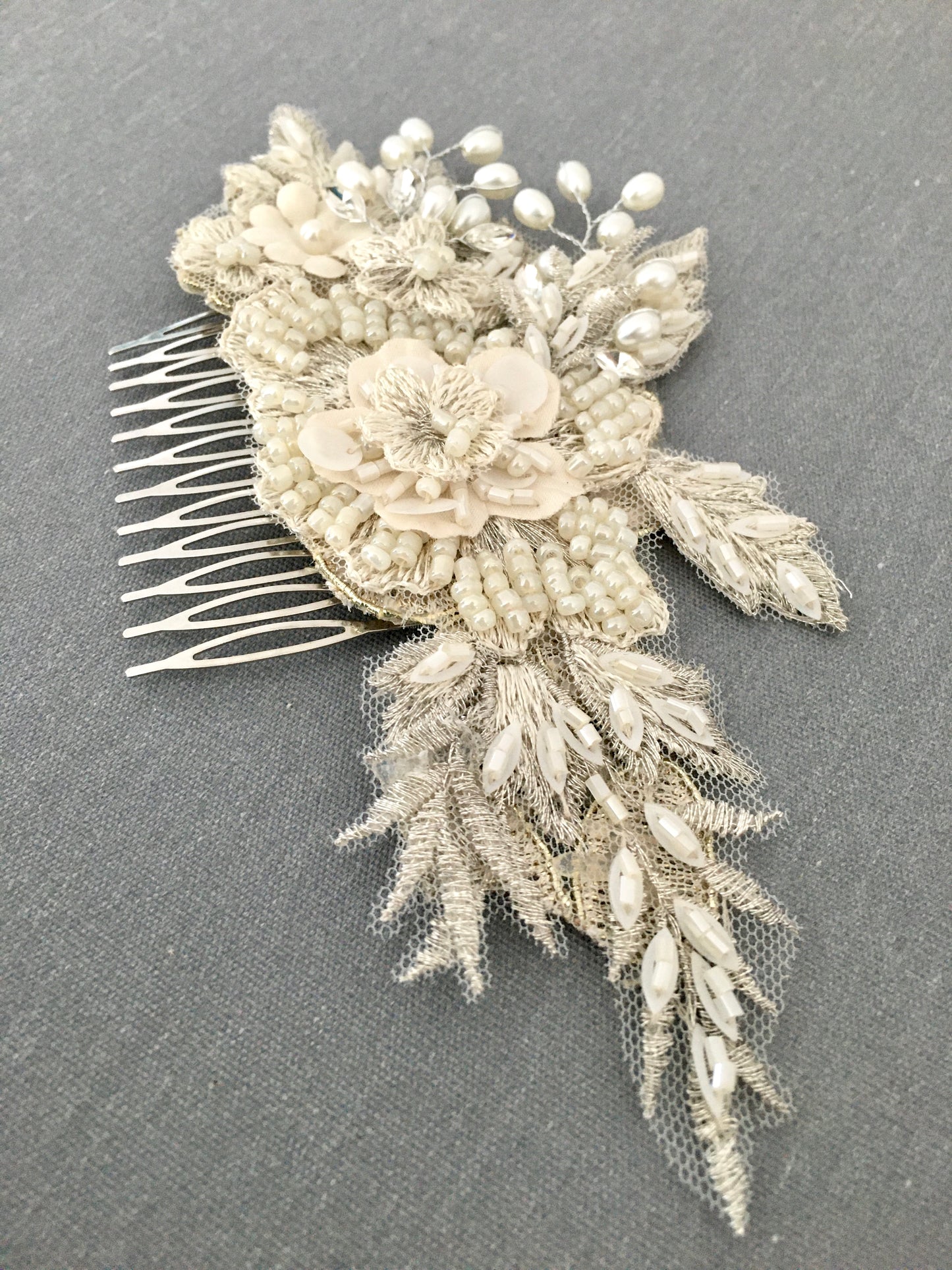 Florence Champagne Flower Appliqué and Pearls Bridal Hair Comb