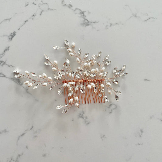 Glitz & Gold Rose Gold Pearl and Crystal Bridal Hair Comb