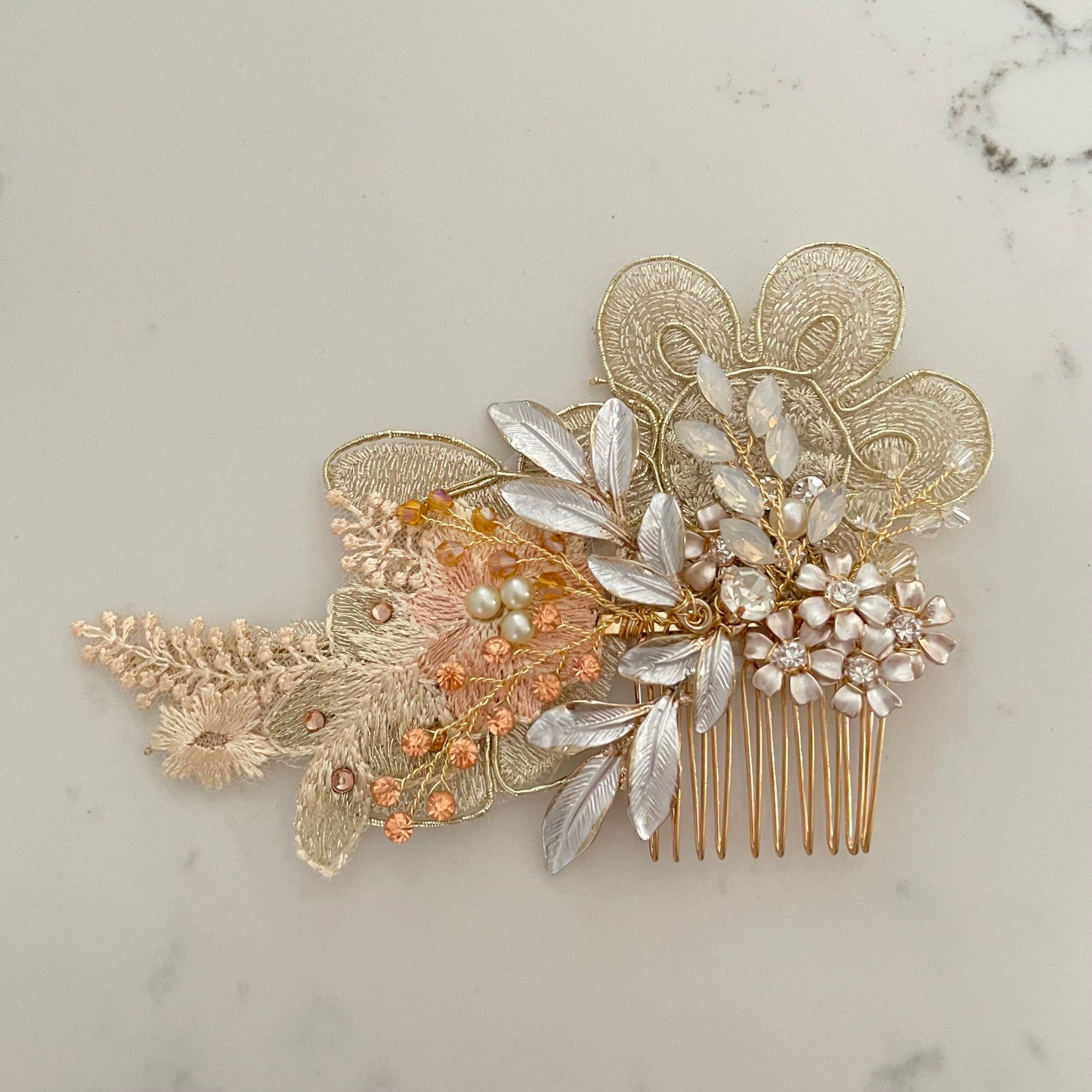 Paris Peach Champagne Floral Bridal Hair Comb