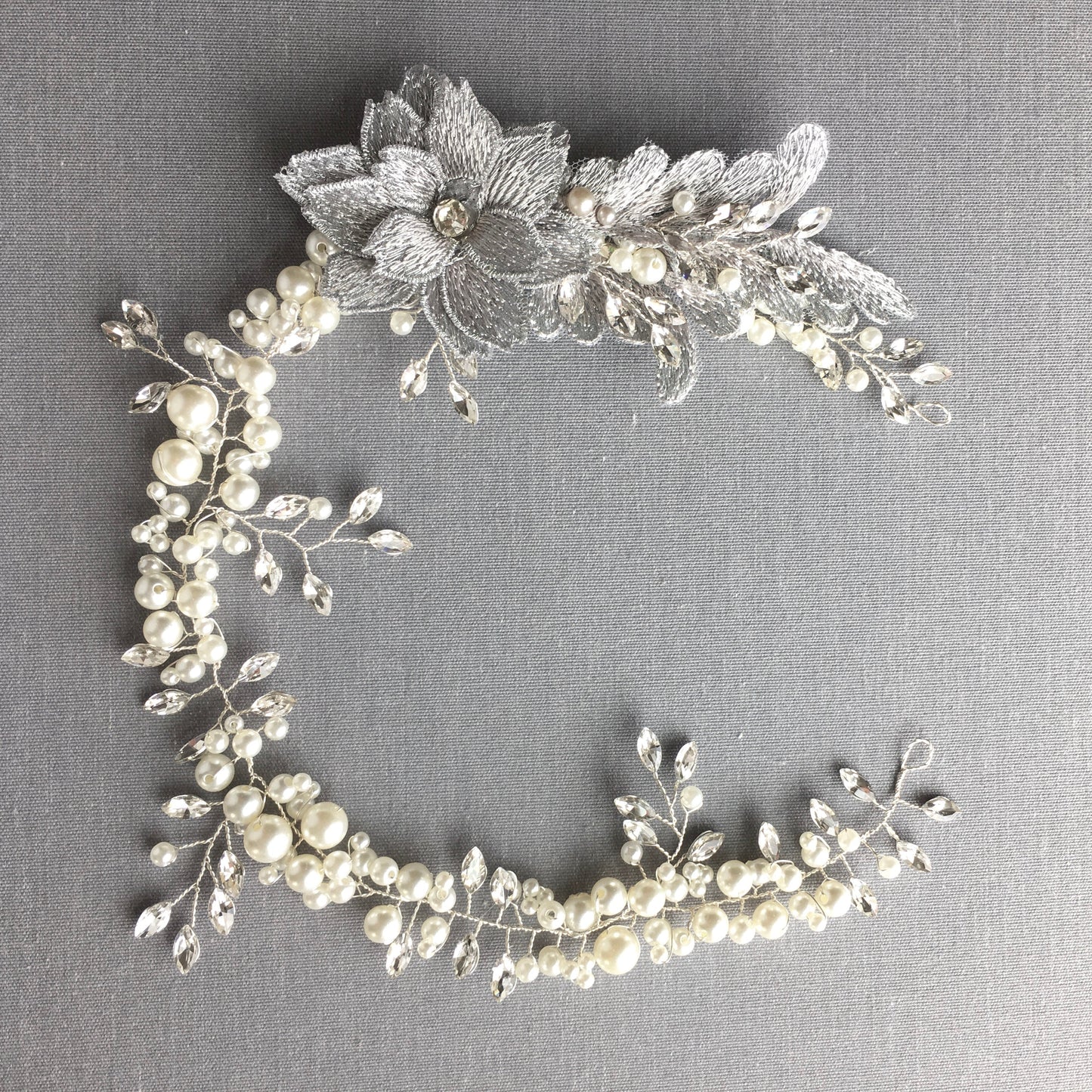 Sinclair Silver Floral Crystal and Pearl Hair Vine