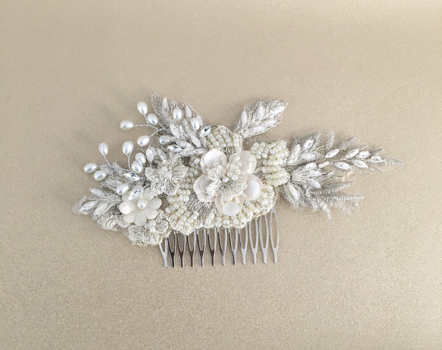 Florence Champagne Flower Appliqué and Pearls Bridal Hair Comb