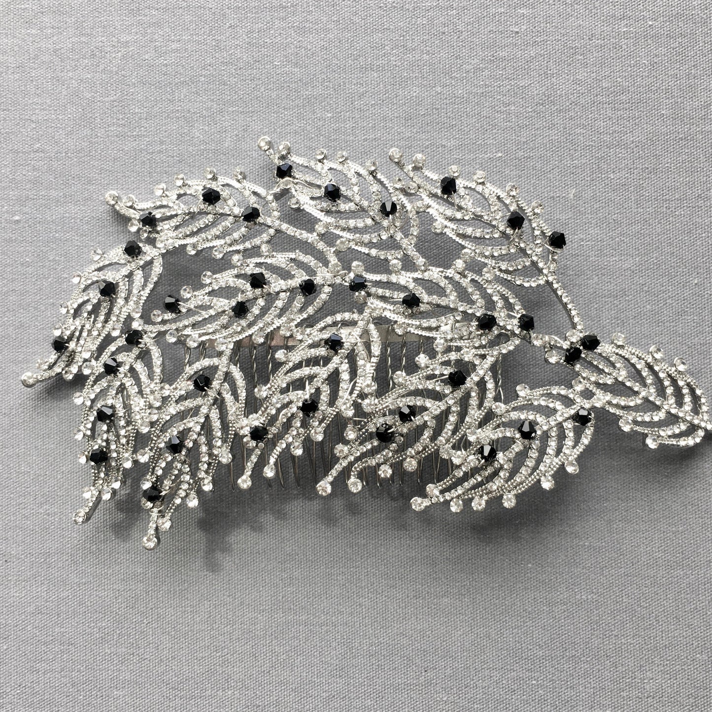 Art Deco Crystal Leaf Bridal Hair Comb with Black Crystal Accents