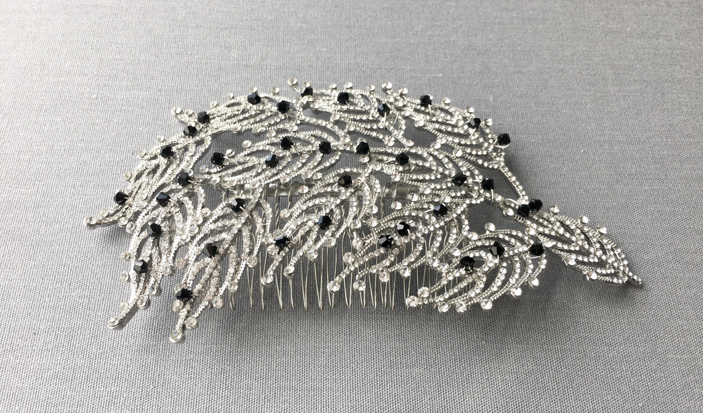 Art Deco Crystal Leaf Bridal Hair Comb with Black Crystal Accents