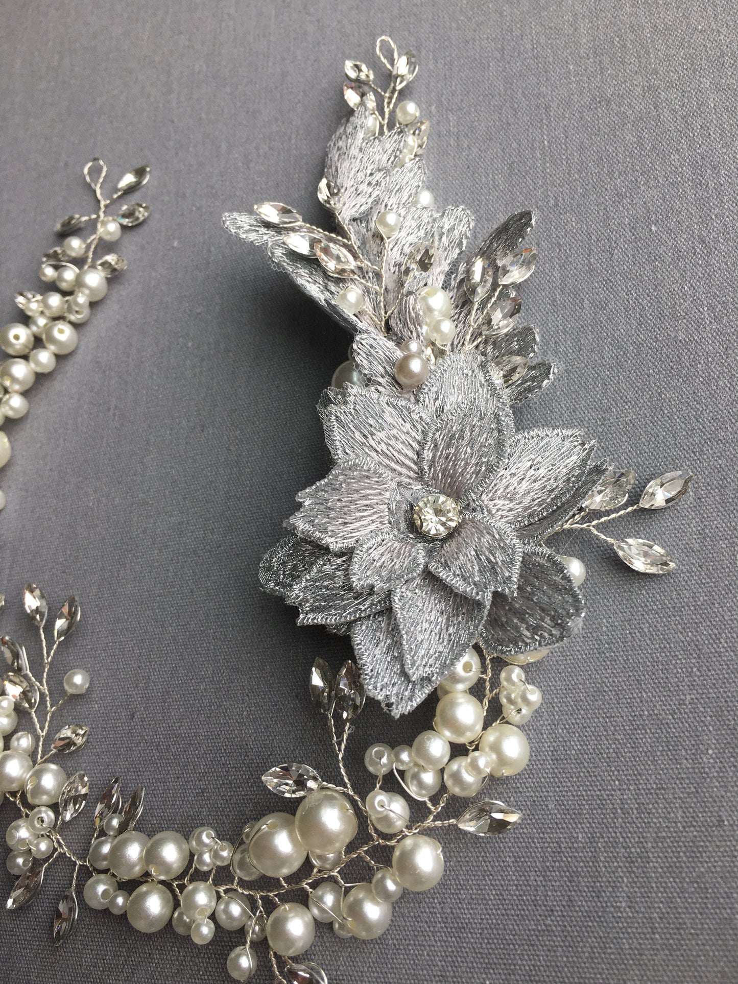 Sinclair Silver Floral Crystal and Pearl Hair Vine