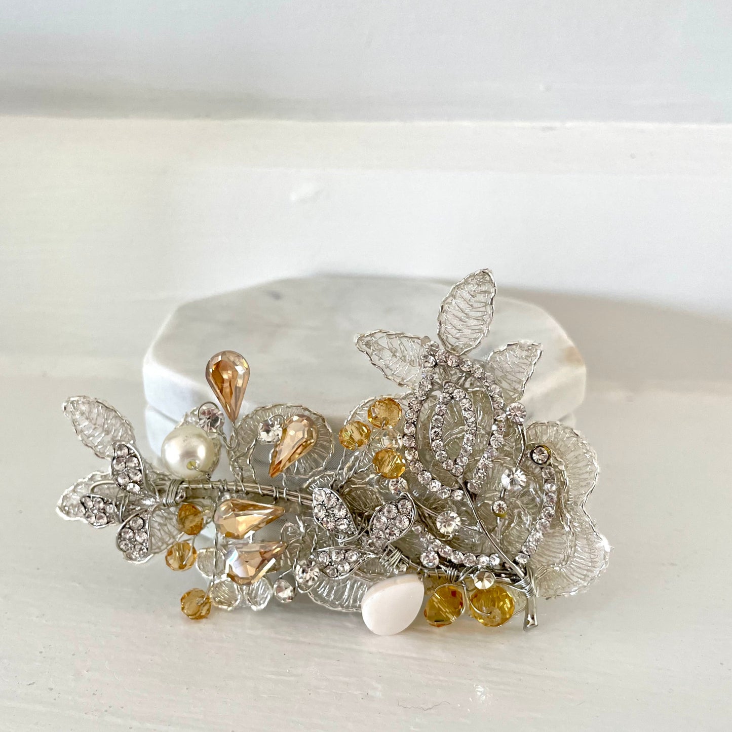 Amber Fields Golden Crystal & Pearl Bridal Hair Clip