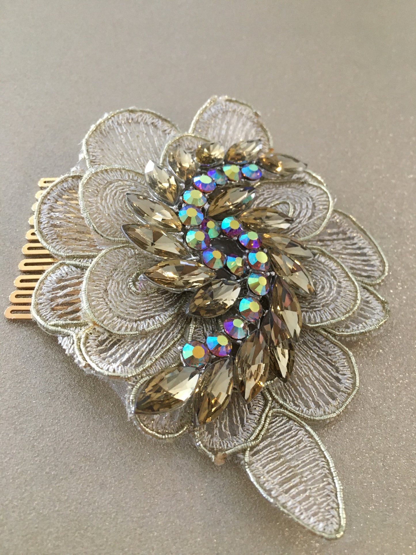 Champagne Swirl Crystal & Lace Bridal Hair Comb