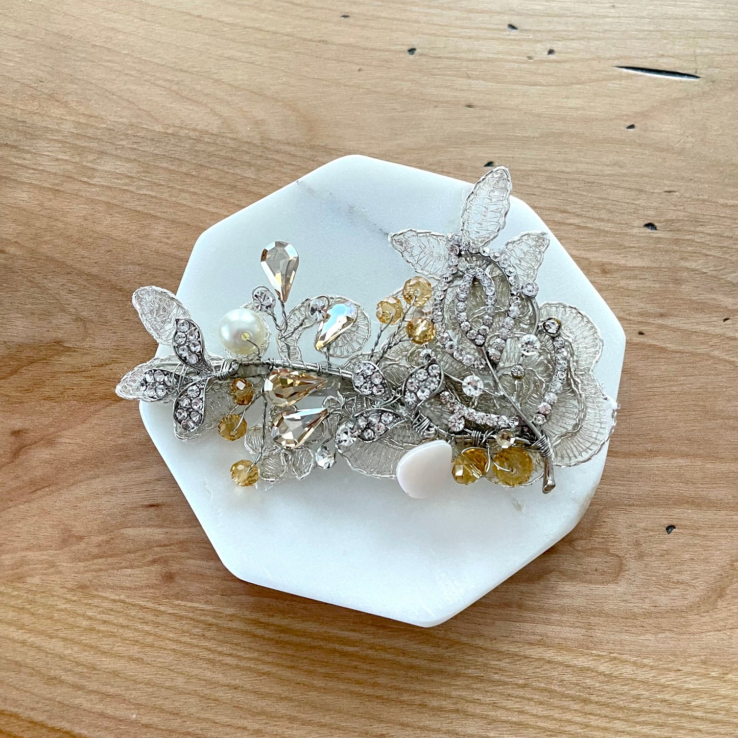 Amber Fields Golden Crystal & Pearl Bridal Hair Clip