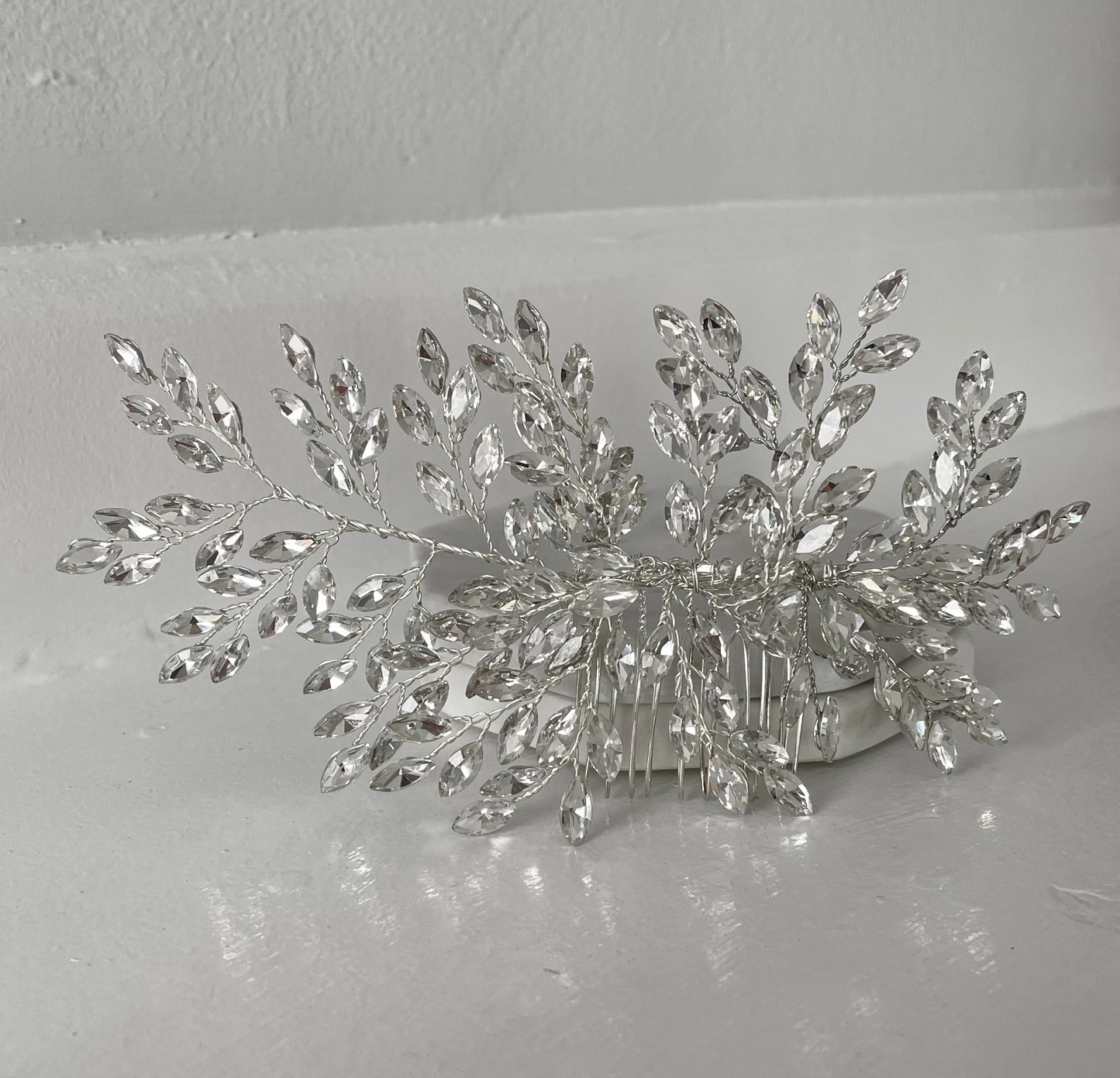 Glitzy Silver Crystal Leaf Bridal Hair Comb