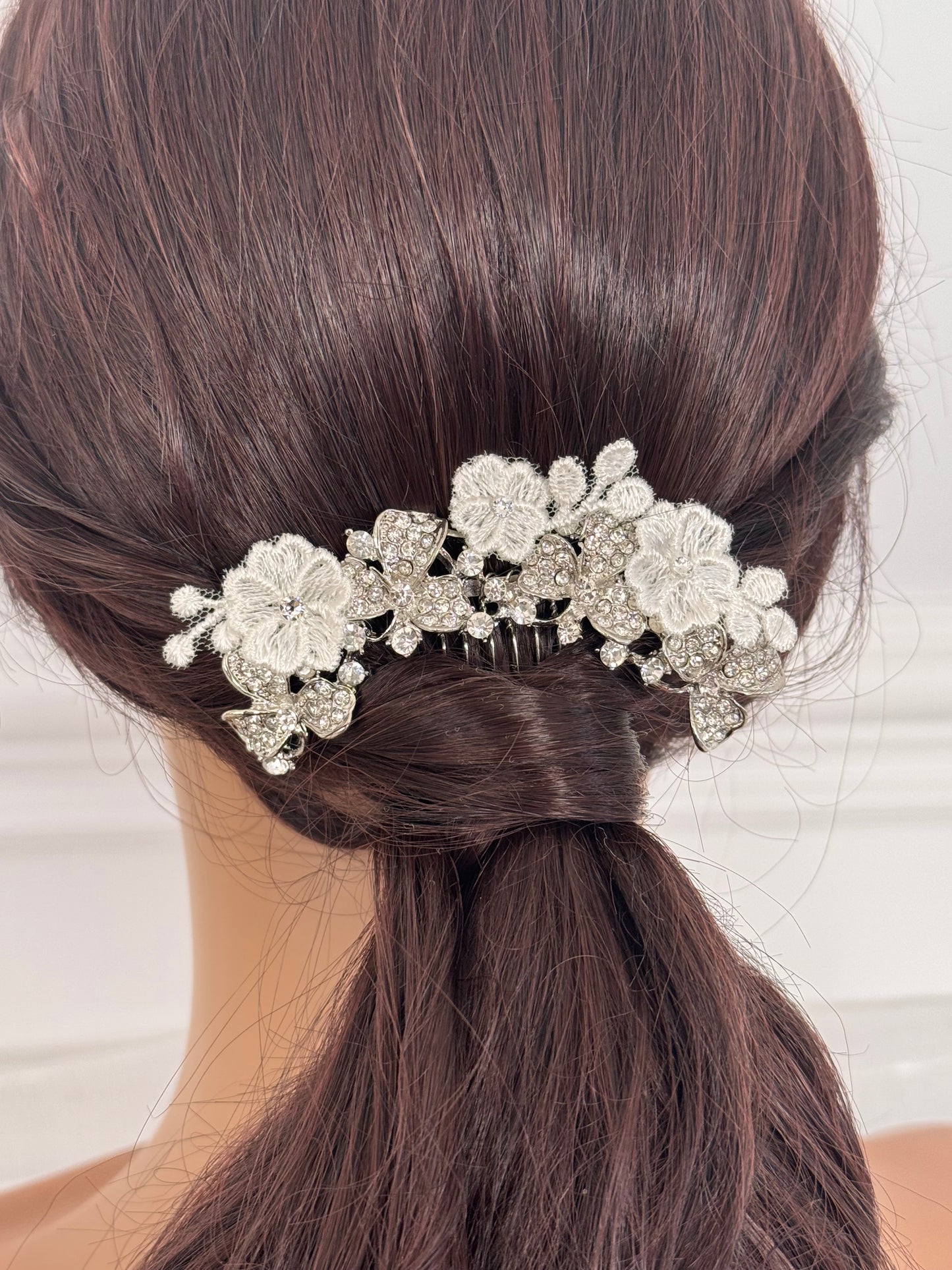 Flora Floral Crystal & Lace Bridal Hair Comb with Rhinestones