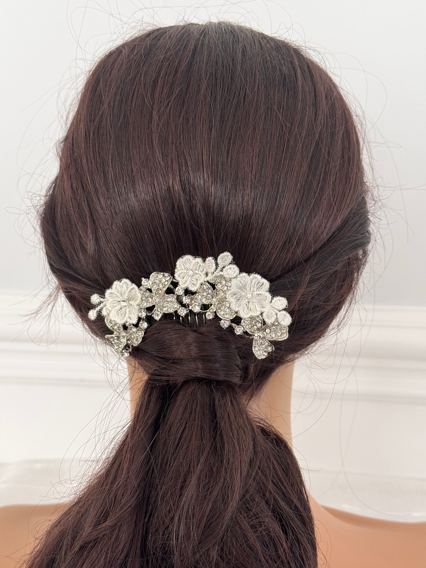 Flora Floral Crystal & Lace Bridal Hair Comb with Rhinestones
