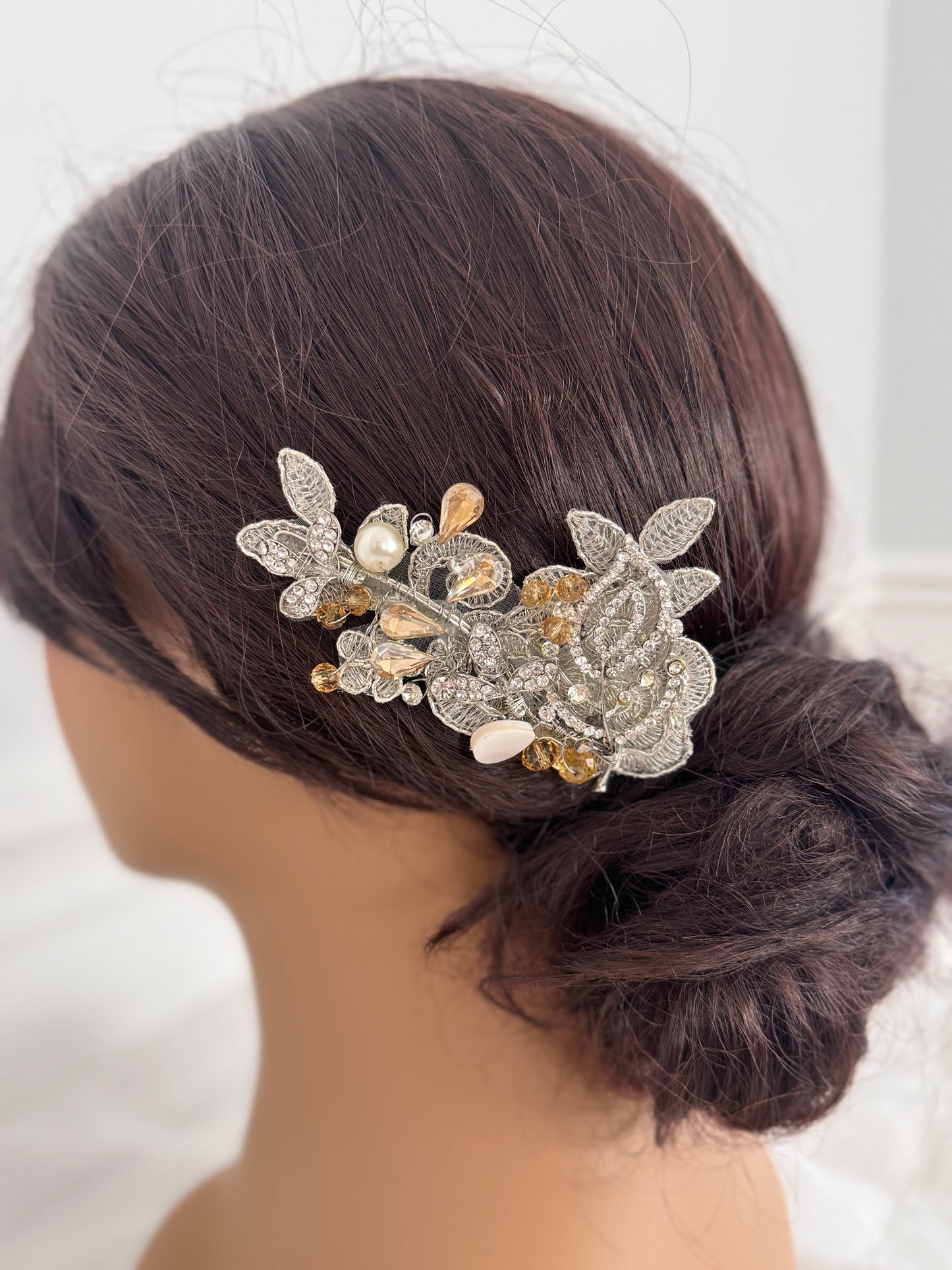 Amber Fields Golden Crystal & Pearl Bridal Hair Clip